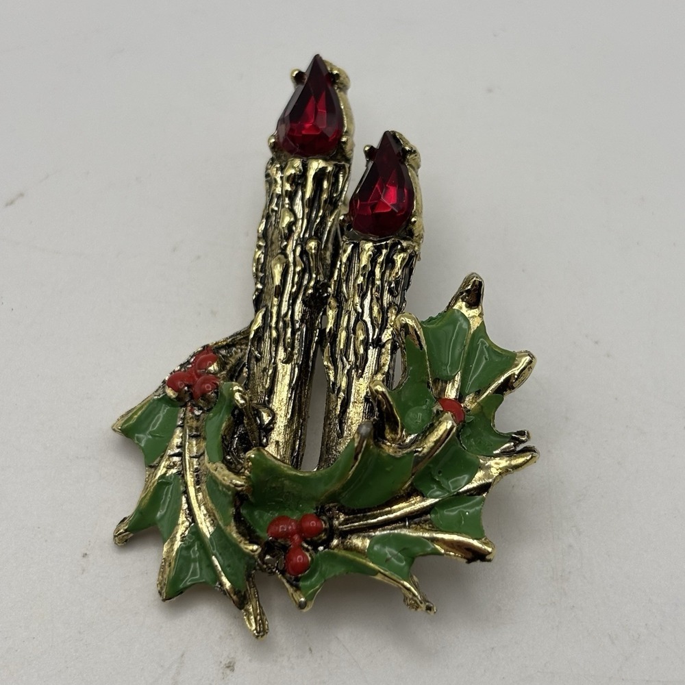 Vintage Christmas Candle Holiday Brooch Pin  Gold Tone Enamel Rhinestone Flame‎